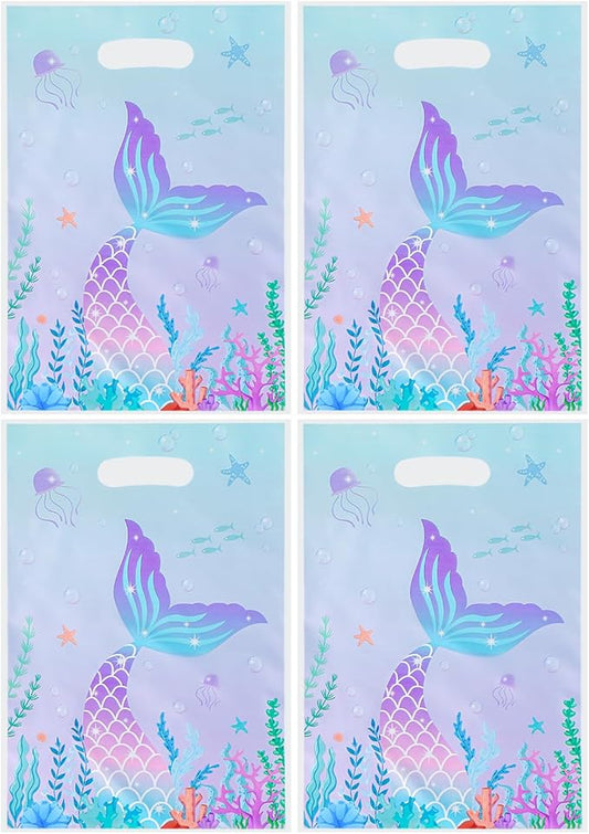 Agaommio 40PCS Mermaid Party Favor Bags Christmas Gift Bag Under the Sea Plastic Gift Bag Goodie Bags Mermaid Tail Treat Bag with Handles for Girls Kids Birthday Party Supplies 6.3"x 9.45"