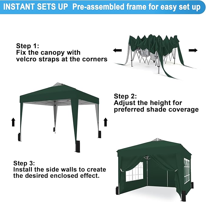 SANWAY 10x10 Pop Up Canopy Tent with Sidewalls x 4 – Easy Setup Canopy Tent, Waterproof, UV-Resistant, Portable with Carry Bag for Outdoor Events, Camping, and Backyard Parties – Dark Green