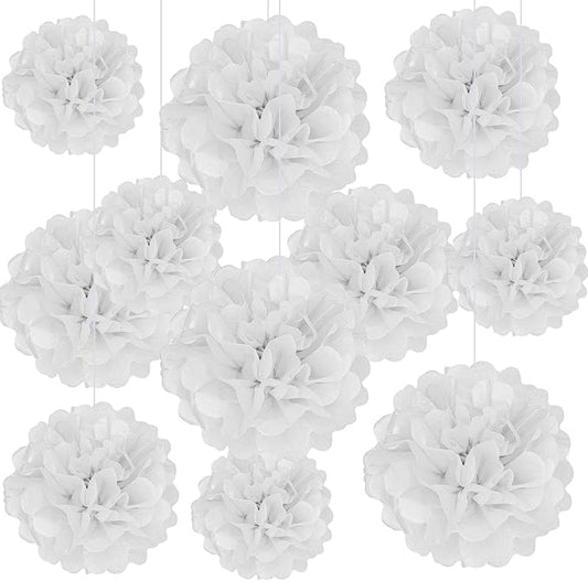 20 PCS White Tissue Paper Pom Poms, Tissue Pom Poms Flowers, Sizes of 6", 10", 12", 14" Hanging Paper Flower Ball for Wedding, Birthday, Halloween, Christmas, Baby Shower Party Decor
