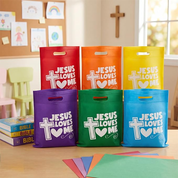Wesnoy 48 Pcs First Communion Jesus Loves Me Gift Bags Bulk Religious Christian Church Cross Goodie Snack Treat Candy Rainbow Bags Non Woven for Baptism Party Favors