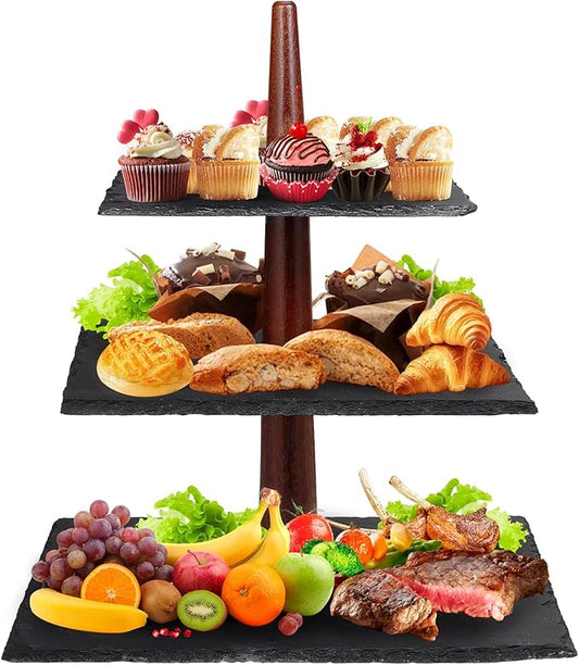 3 Tier Serving Tray 3 Tier Cupcake Stand Cupcake Stand Modern and Rustic Dessert Table Display,Slate & Acacia Wood Tiered Tray Serving Food Fruit Tray for Wedding Birthday Baby Shower