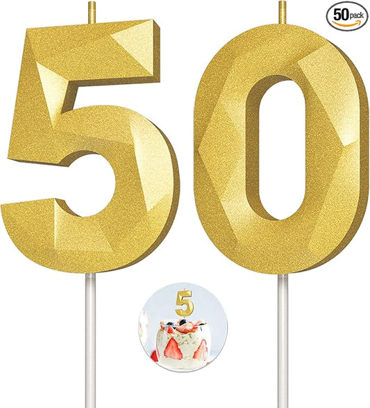 Number Birthday Candles(50 Candle Gold) 3D Diamond Shape Number Happy Birthday Cake Candles for Birthday Party Wedding Decoration Reunions Theme Party