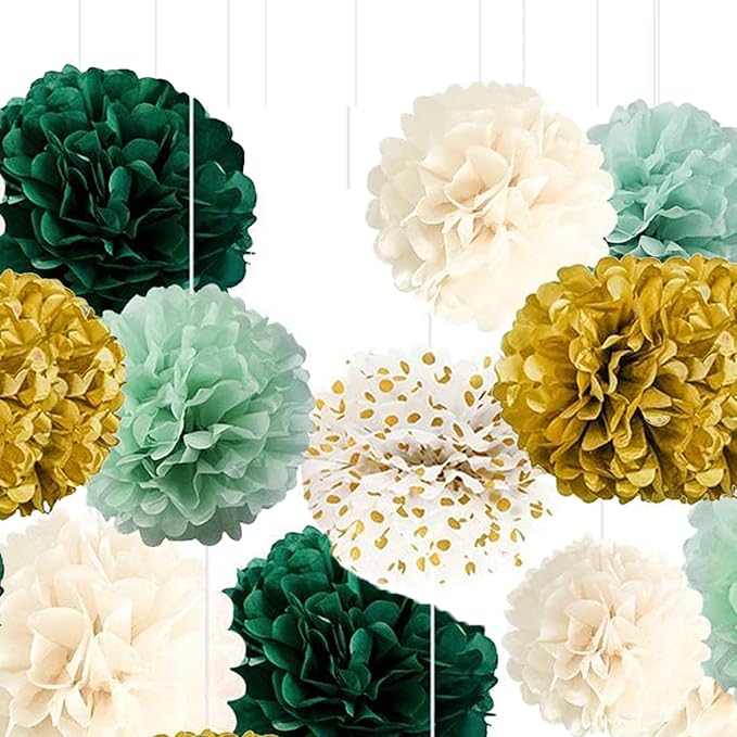 Paper Tissue Pom Poms Green Gradient Gold Dot White Hanging Tissue Flowers Poms Decorations Pack of 12 for Wedding, Birthday, Baby Shower ，Party Backdrop Decor ect. (12", 10", 8" Tissue Paper Flowers)