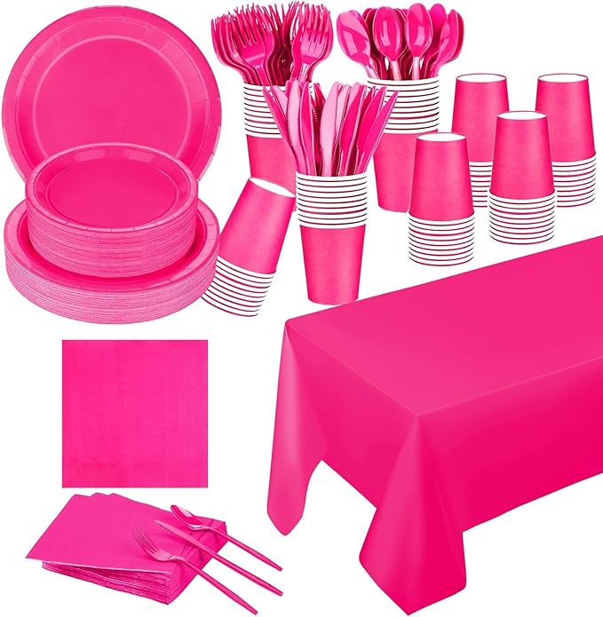 229PCS Hot Pink Party Supplies Set - Paper Disposable Plates Cups Plastic Spoons Forks Knives Napkins Serve 30 Guests