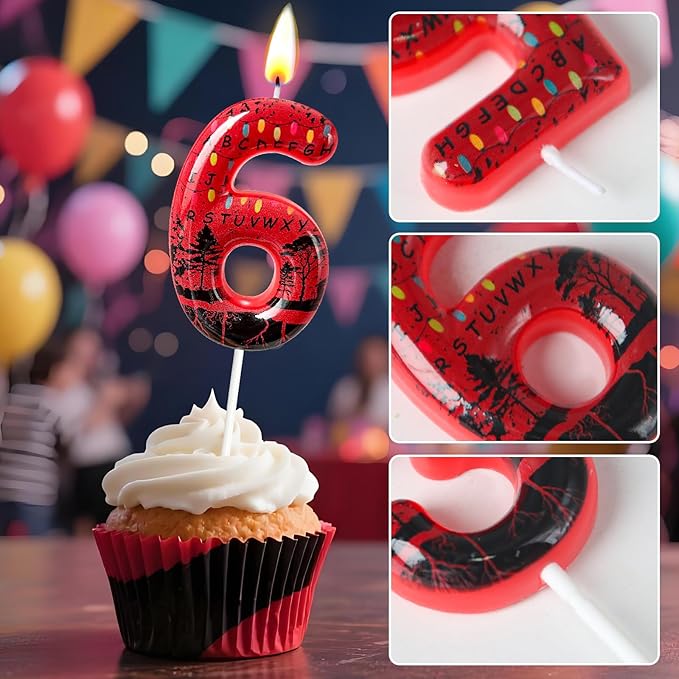 Red Number 16 Birthday Candle for Cake – Dark Horror Style with Alphabet Print & Shadow Design – Unique Cake Topper for Birthday, Anniversary, Themed Party Decoration