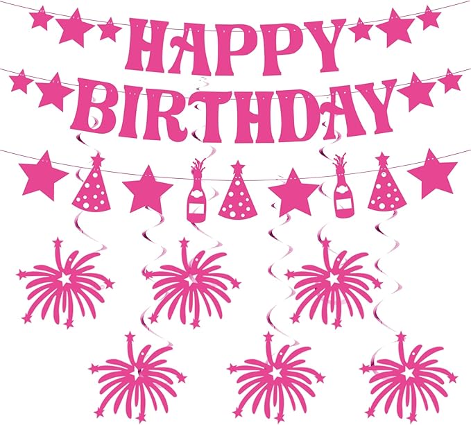 GOGOBAY Hot Pink Happy Birthday Decorations - 7PCS Pre-Strung Banner & Hanging Decorations for Girls' Birthday Party