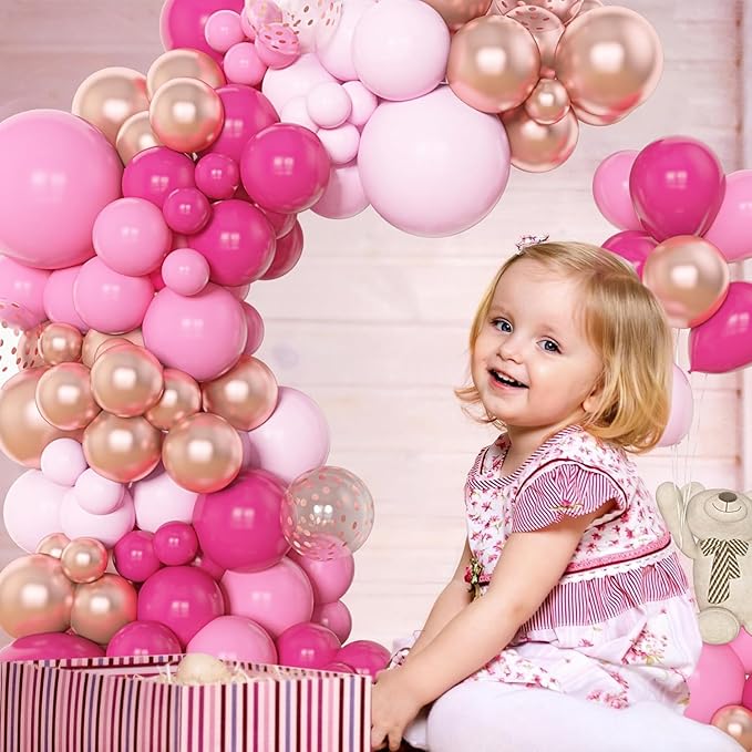 Amandir 153pcs Pink Balloon Garland Arch Kit, Different Sizes 18 12 10 5 inch Hot Pink Latex Metallic Confetti Rose Gold Balloons for Mothers Birthday Baby Shower Wedding Party Decorations