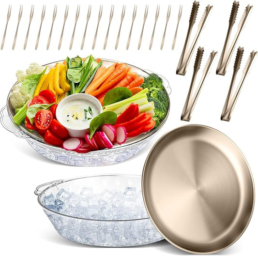Baderke 2 Sets 11.8" Chilled Serving Tray for Parties Round Iced Platter with Ice Underneath Stainless Steel Clip Fruit Fork Shrimp Cocktail Serving Dish for Oysters Crawfish Fruits (Champagne Gold)