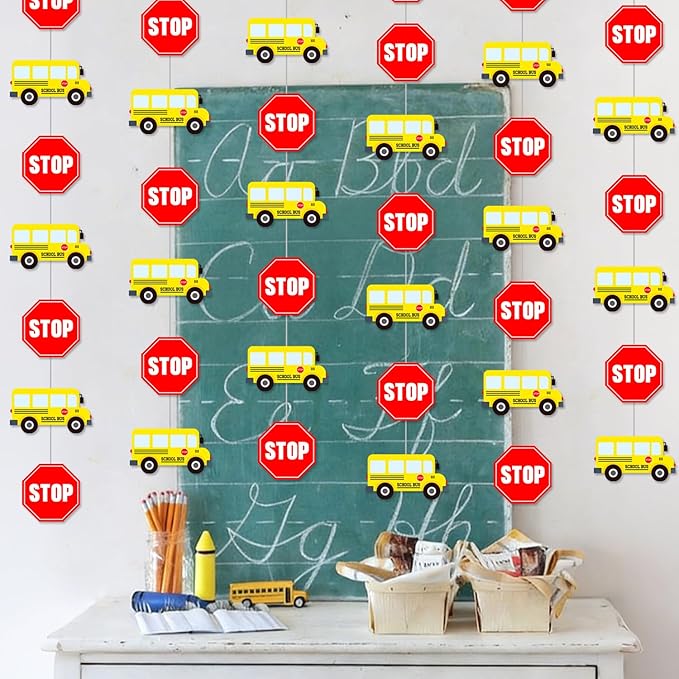 School Bus Garlands 6 Pieces Back to School Party Decorations Hanging Banners with Stop Signs Wheels on the Bus Birthday Party Decorations for Classroom Theme Shool Ceiling Decor Supplies