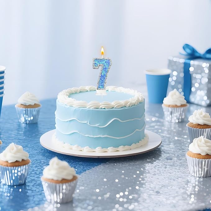 Blue Star Number 7 Candle for Cake Decoration, Glitter Star Cake Topper, Shaker Style Number Candle for Anniversary Celebration Party Supplies