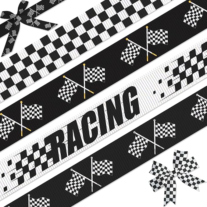 4 Pack Racing Ribbon Set, 7/8 Inch x 5 Yard Grosgrain Ribbons Each, Checkered Flag Race Car Patterns, Motorsport Gift Wrap for Car Shows, Racing Events, Trophy Decoration, Hair Bows