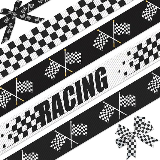4 Pack Racing Ribbon Set, 7/8 Inch x 5 Yard Grosgrain Ribbons Each, Checkered Flag Race Car Patterns, Motorsport Gift Wrap for Car Shows, Racing Events, Trophy Decoration, Hair Bows