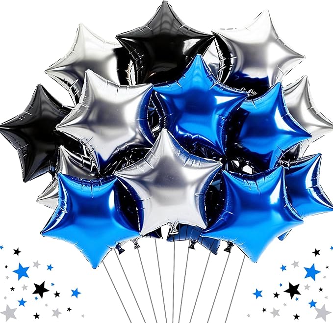 TONIFUL 15Pcs 18 Inch Large Navy Blue Silver Black Star Shape Foil Balloons Big Stars Helium Mylar Ballons for Birthday Wedding Bridal Shower Anniversary Engagement Party Decorations Supplies