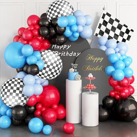 Race Car Balloons Arch Garland Kit Red Blue Black Checkered Flag Foil Balloon Racing Car Theme 2nd Birthday Race Car Theme Party Decorations Supplies for Boys