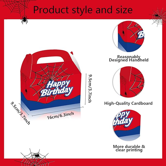 FLOLUVZ 16 PCS Spider Birthday Party Favor Treat Boxes, Spider Goodie Boxes Gift Bags, Gable Candy Box for Cartoon Themed Birthday Party Supplies Decorations