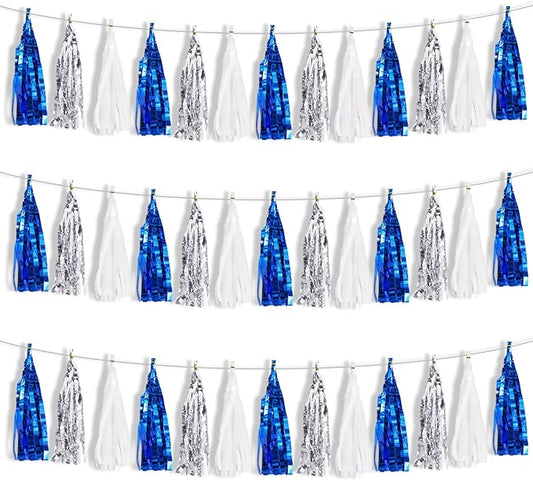 BEISHIDA 3 Packs Blue Silver White Metallic Foil Fringe Tassel Garland, Tassels Banner Streamers for Car Floats Graduation Bachelorette Birthday Baby Shower Wedding Christmas Holiday Party Decoration