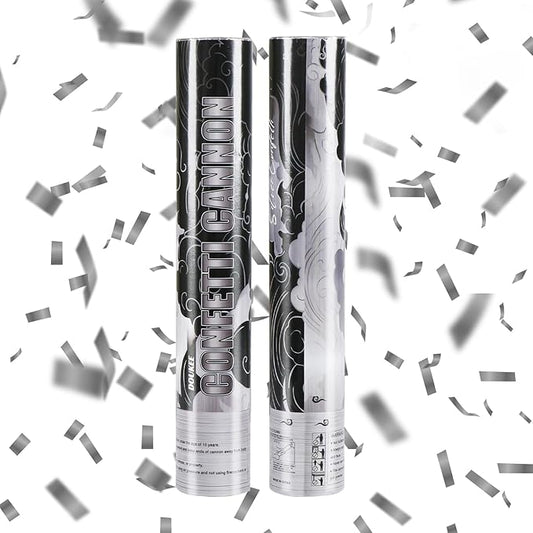 Wedding Confetti Poppers Silver, DOUKEE 2Pack Shiny Silver Mylar Confetti Poppers Cannon Party Shooter for Graduation, New Years Eve, Birthday Party Supplies -12 Inch