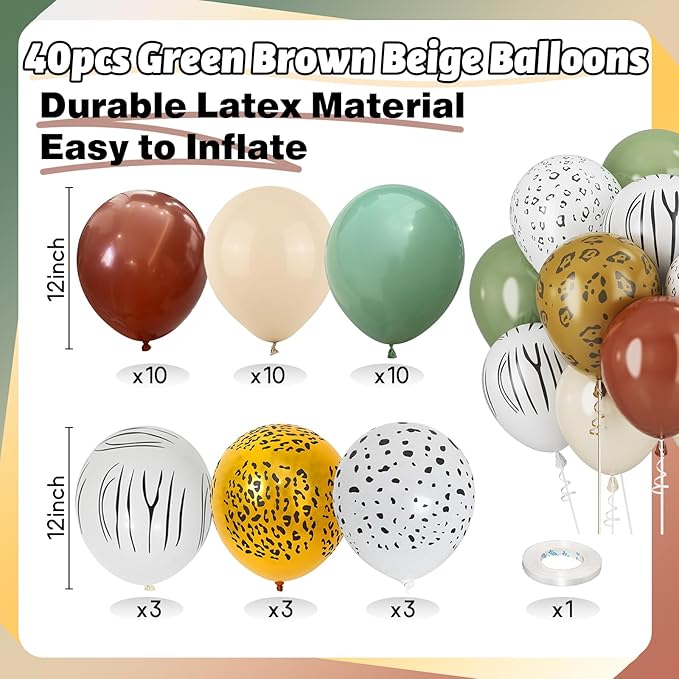 Sage Green Beige Balloons Coffee Brown Geen White Balloons for Jungle Safari Party Lion Birthday Decorations 12INCH Green White Brown Helium Latex Balloon for Arch Forest Animal Wild One Decor
