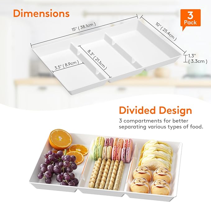 Lifewit Serving Tray Divided for Party Supplies, 3 PCS 15" x 10" Plastic Platters for Serving Food, White Reusable Tray for Veggie, Snack, Fruit, Cookies, Desserts in Kitchen/Pantry