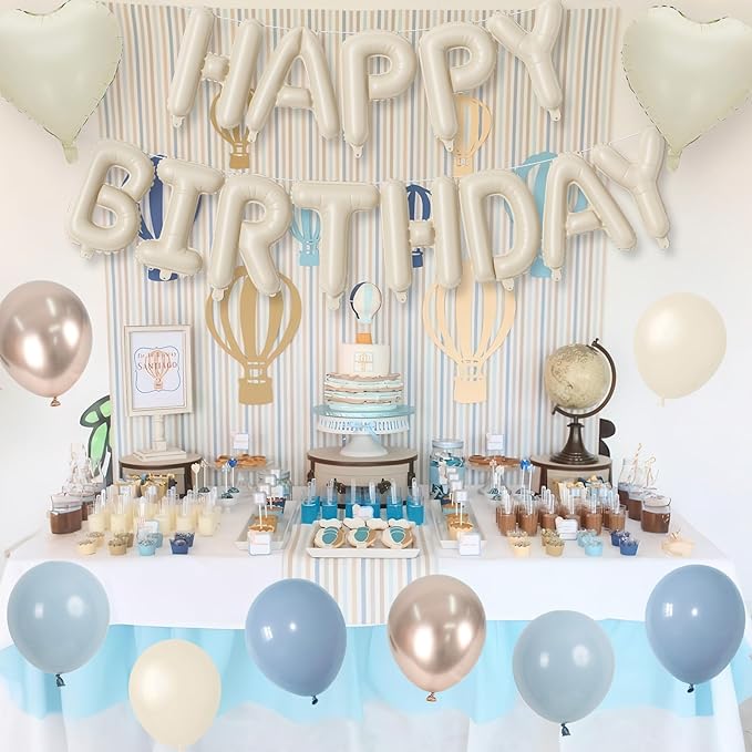 Happy Birthday Balloon Banner Cream Blue, 16 Inch Beige Mylar Letters Heart Foil Dusty Slate Blue White Sand Metallic Champagne Gold Balloons Boho Neutral Birthday Decorations for Girls Women Boy Men