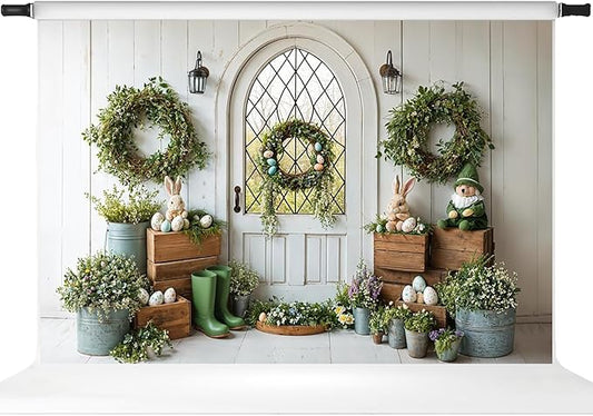 Kate Easter Backdrops for Photoshoot Spring Backdrops Wreath Rabbits Eggs White Door Window Photo Backdrop Flowers Holiday Photo Props, 10x6.5ft