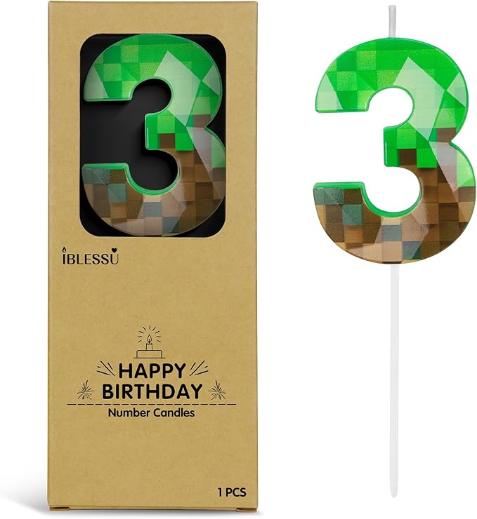 Pixel Birthday Candle, 2.68 Inch Miner Number Candles, Game Themed Candle Birthday Decoration for Pixel Theme Birthday Anniversary Dynamite Video Game Party (Green, 3)
