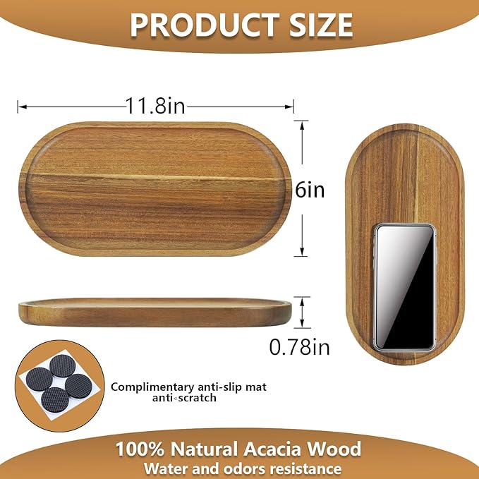 2 pcs Small Acacia Wooden Tray 11.8×6inch Rustic Wood Serving Trays Bulk Boards Oval Charcuterie for Food Cheese Cookie Fruit Sushi,Breakfast Bread Appetizer Plates Decorative Platters