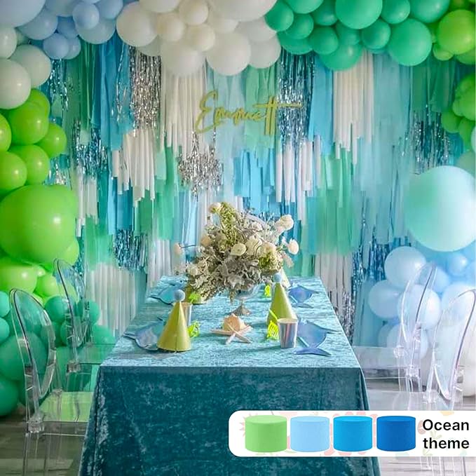 PartyWoo Blue Crepe Paper Streamers 4pcs 328ft Pack of Pearl Blue Crepe Paper Streamers for Birthday Gender Reveal Baby Shower Wedding Graduation Pool Mermaid Under The Sea Theme Party Decorations