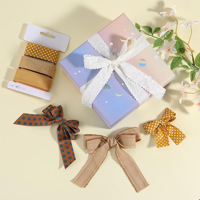 BEEFLYING 3 Styles Ginger Wire Edged Ribbons for Gift Wrapping, 25~28mm×2.7m Fabric Ribbons for Wedding Party Decoration Hair Bows Flower Designs Sewing and Craft, 9 Yards