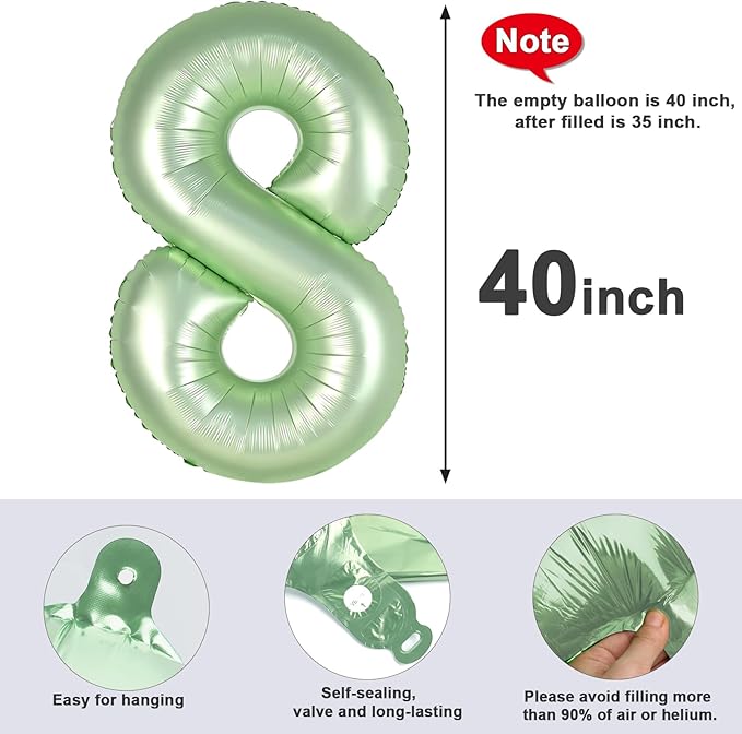 40 Inch Number 8 Balloon, Olive Green 8 18 28 80 Birthday Balloons for Men Boys, 8th Birthday Decorations Party Supplies, Wedding, Graduations