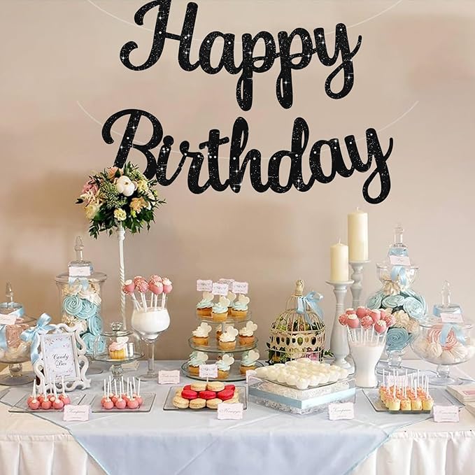 BEISHIDA Happy Birthday Banner - NO DIY,Black 10Feet Pre-Strung-Glitter Birthday Sign Garland Backdrop Decorations for Women men Party