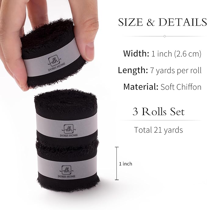 DORIS HOME Black Chiffon Ribbon for Flower Bouquet, 1" x21Yd Fabric Ribbon for Gift Wrapping, Handmade Frayed Ribbon for Wedding Invitations/Christmas Decorations