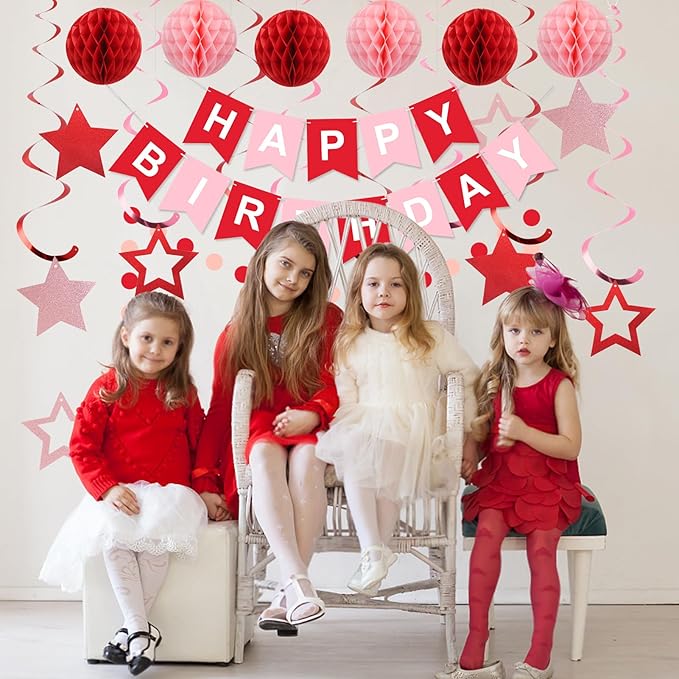 meowtastic Birthday Decorations, Happy Birthday Banner with Honeycomb Balls, Stars Hanging Swirl Streamers, Circle Dots Garland, Happy Birthday Party Decorations for Women Men Boys Girls (Red)