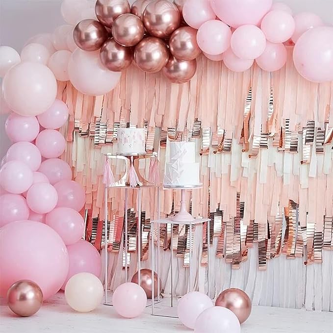 PartyWoo Rose Gold Crepe Paper Streamers 6pcs 492ft Pack of Metallic Rose Gold Baby Pink Crepe Paper Streamers for Birthday Bridal Shower Engagement New Year Eve Graduation Party Decorations