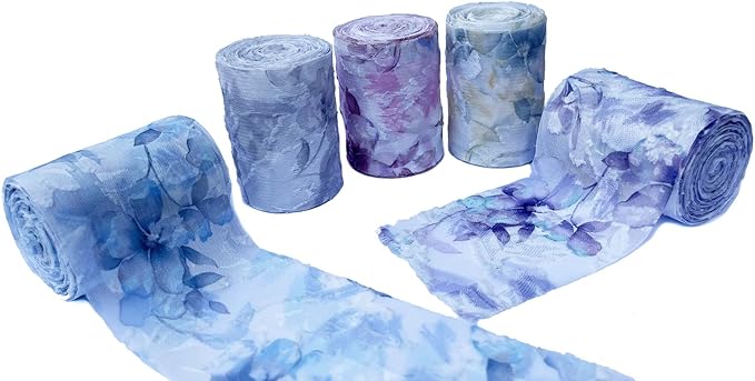 5 Rolls Chiffon Ribbon with Rose Floral Patterns Print | 2" x5 Yards Frayed Edge Craft Ribbons for Wedding Bouquets, Gift Wrapping, Party Decorations