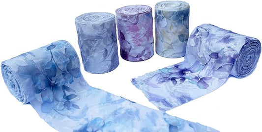 5 Rolls Chiffon Ribbon with Rose Floral Patterns Print | 2" x5 Yards Frayed Edge Craft Ribbons for Wedding Bouquets, Gift Wrapping, Party Decorations