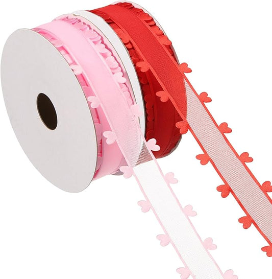 PATIKIL 1 Inch x 20 Yard Organza Chiffon Ribbon Set, Sheer Heart Decorative Ribbon for Valentine's Day Gift Wrapping Wreath Bow Craft DIY Decoration, Red,Pink