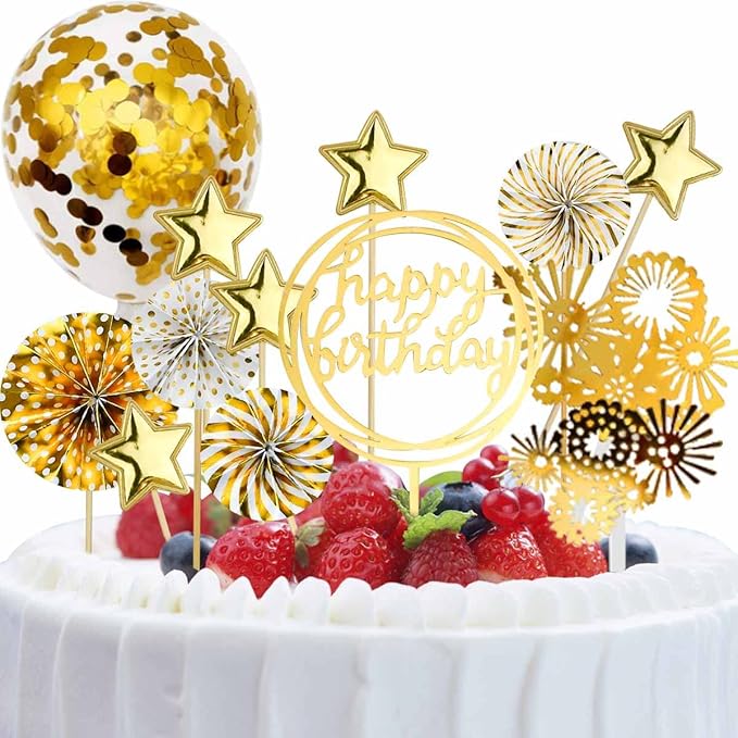 Cake Topper Decoration Set Acrylic Glitter Happy Birthday Cake Topper with Confetti Balloon Paper Fans Stars Firework Cupcake Toppers for Gold Theme Decor Girl Women Birthday Party Supplies (Gold)