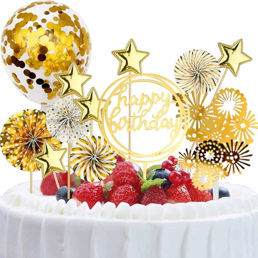 Cake Topper Decoration Set Acrylic Glitter Happy Birthday Cake Topper with Confetti Balloon Paper Fans Stars Firework Cupcake Toppers for Gold Theme Decor Girl Women Birthday Party Supplies (Gold)
