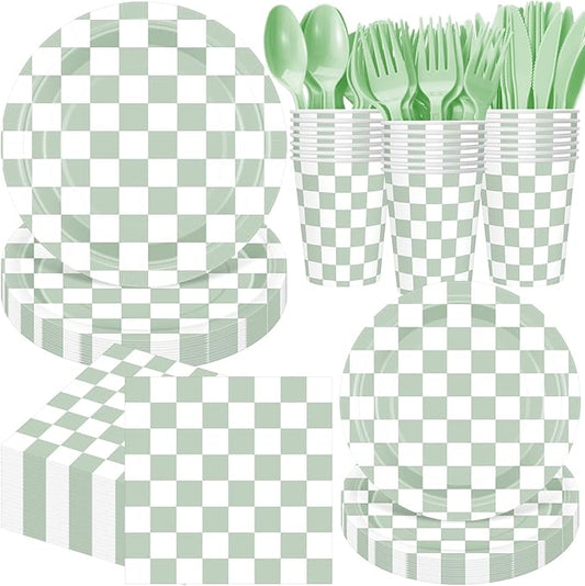 Pickmesh 400 Pcs Sage Green and White Checkered Party Decorations Set Light Green Gingham Disposable Paper Plates Napkins Cups Cutlery Plaid Party Decorations for Baby Shower Wedding Birthday Serve 50
