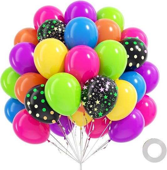 60pcs Neon Balloons 12inch, Yellow Hot Pink Lime Green Orange Blue Purple Rainbow Balloons for 80s 90s Neon Birthday Party Decorations