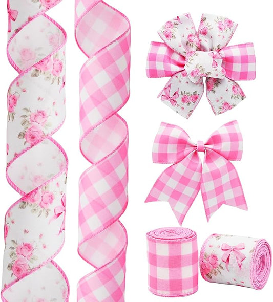 Pink Rose Wired Ribbon Set, 2 Rolls 2.5 Inch x 10 Yards Total, Floral Buffalo Plaid Wired Edge Ribbon for Wreaths, Bows, Gift Wrapping, Wedding Decor, Spring Summer Crafts, Mother's Day Decor