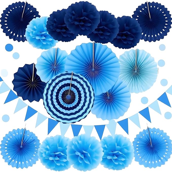 XIKSXITN 12 pc Blue Tissue Paper Pom poms in 3 Colors-Hanging Paper Pom Poms Paper Flowers Ball for Party Decorative(Navy Blue,Blue and Light Blue)
