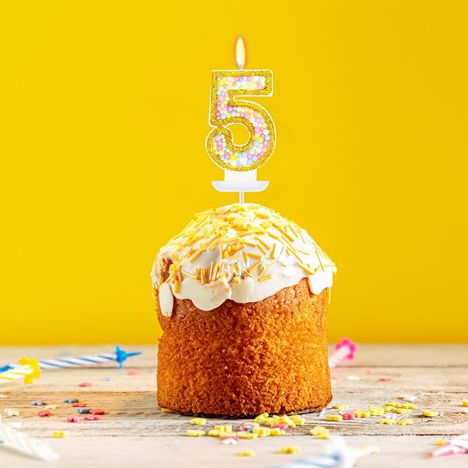 5th Birthday Candle for Cake, Colorful Macaron Numeral Candles for Girls/Boys, Sponge Birthday Party Cake Decorations, Golden Cake Topper(Number 5)