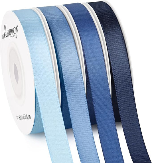 3/8 Inch Dusty Blue Satin Ribbon, 4 Rolls Total 40 Yards, Double Faced Mixed Blue Thin Fabric Ribbon for Gift Wrapping, Flower Bouquets, Crafts, Wedding, Father's Day Decorations