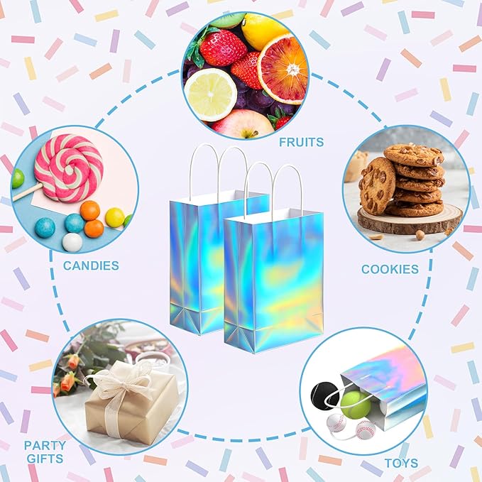 LIQWEI 36PCS Iridescent Gift Bags with Handles, Holographic Party Favor Bag Reusable Glitter Foil Paper Candy Goodie Bag Gift Handbag for Disco Wedding Graduation Birthday Party (8.6x6.3x3.2 Inch)