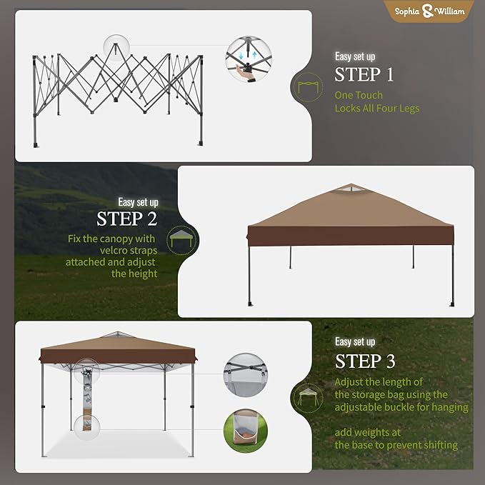 Sophia & William Canopy Tent Pop Up 10x10 ft, One Person Push Set Up Tent, Outdoor Canopies Shelter Heavy Duty Straight Legs with 4 Sandbags & Guy Ropes, 1 Roller Bag & Storage Bag, 8 Stakes, UPF50+