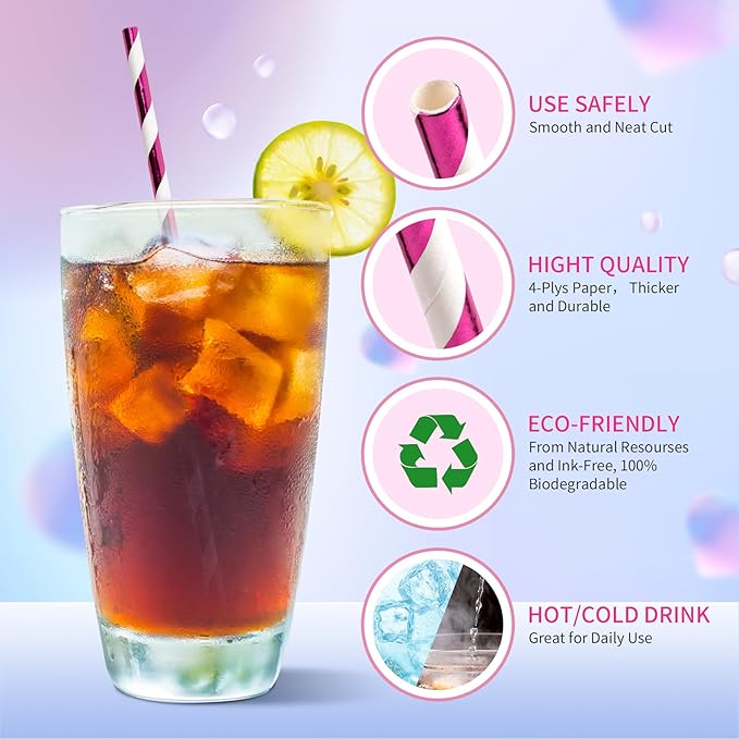 PakTalk Metallic Rose Gold Striped Paper Straws, 100 Pack Biodegradable Straws for Drinking, Valentines, Holiday, Party (0.24''*8.27'', Gold Striped)