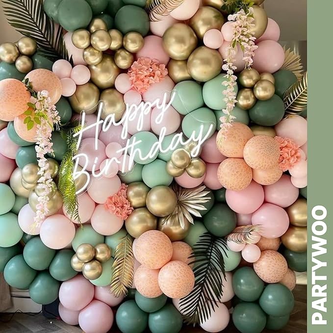 PartyWoo Pink and Green Balloons 66pcs 12 Inch Metallic Gold Sand White Sage Green Nude Dusty Pink Gold Confetti Balloons for Baby Shower Wedding Engagement Princess Birthday Party Decorations