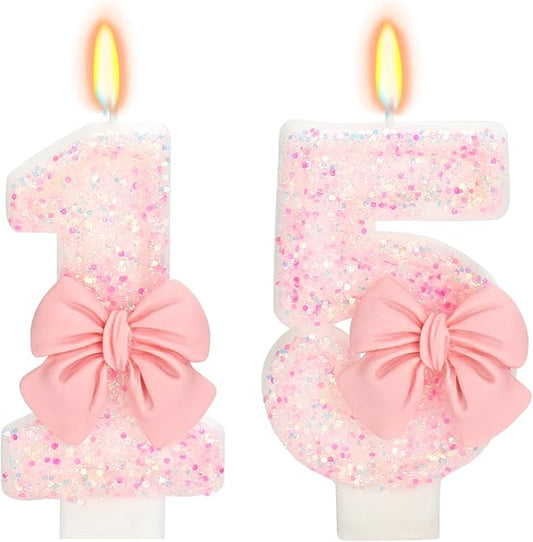 Number 15 Pink Bow Birthday Candle, 3" Tall, Smokeless & Non-Toxic, 2 Pack